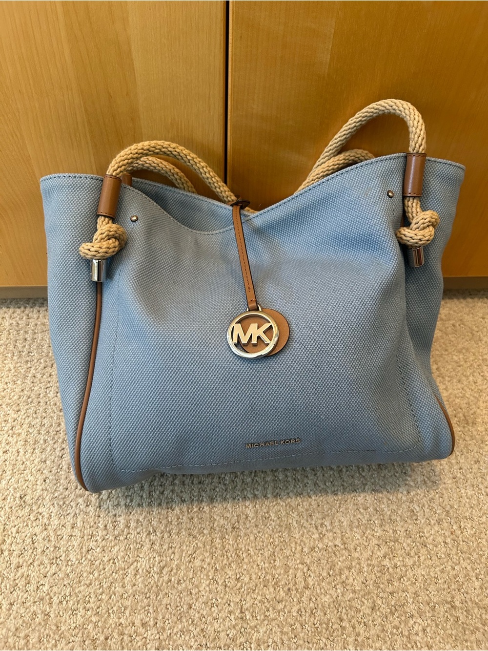 Michael Kors Sky Blue Canvas Tote with Tan Rope Handles